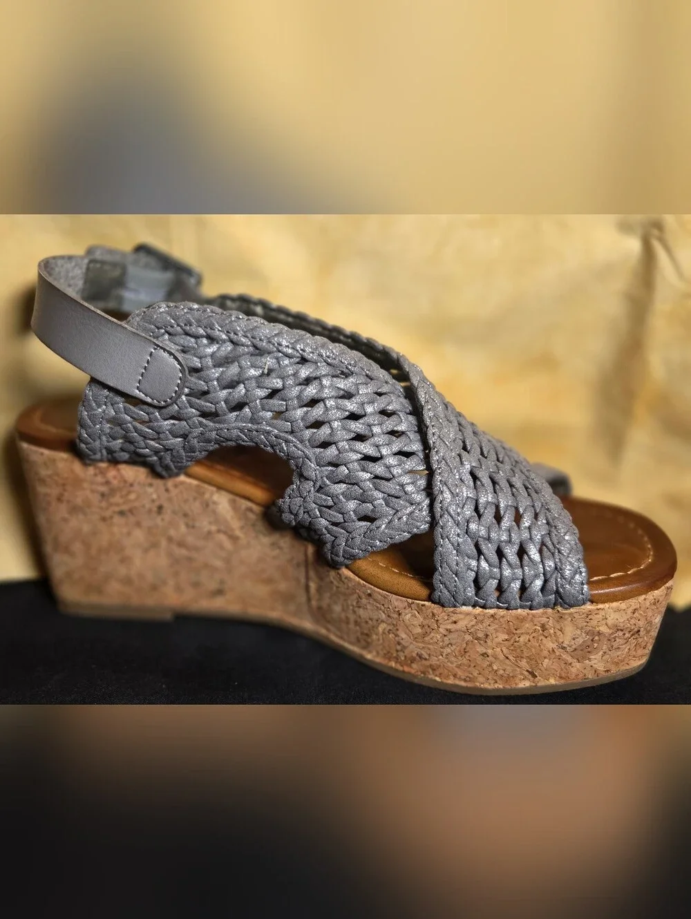 Blowfish Malibu Woven Cork Wedge Platform Sandals Metallic Pewter 6.5M